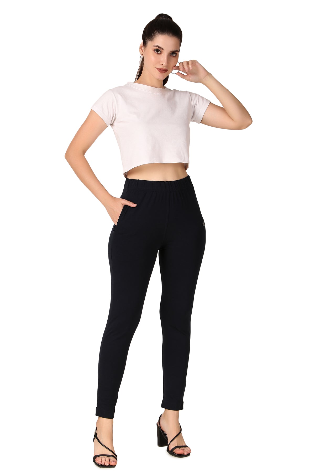 Womens Cotton Mid-Rise Four-Way Stretchable Kurti Pant / Trousers - Black