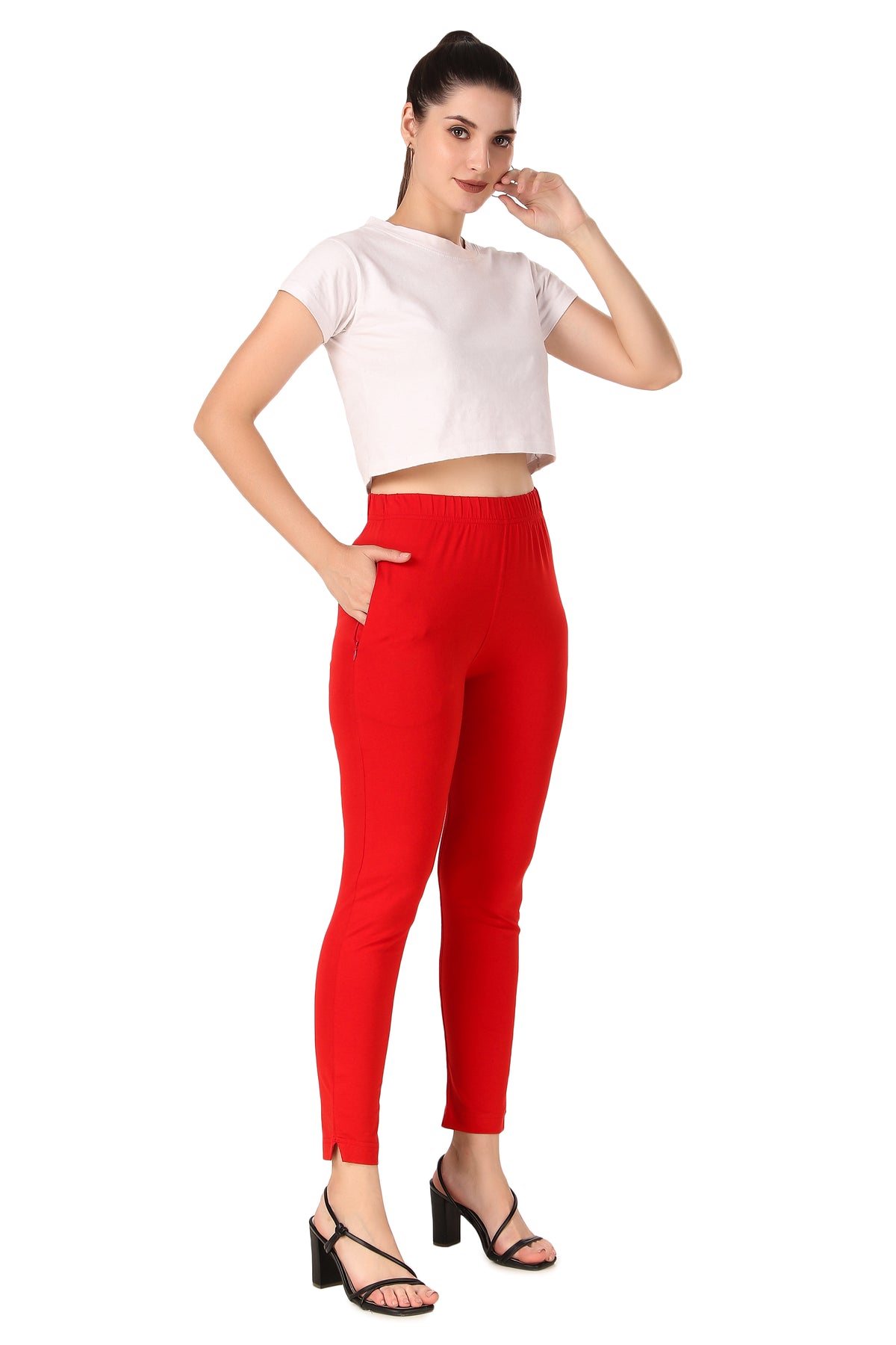 Womens Cotton Mid-Rise Four-Way Stretchable Kurti Pant / Trousers - Red