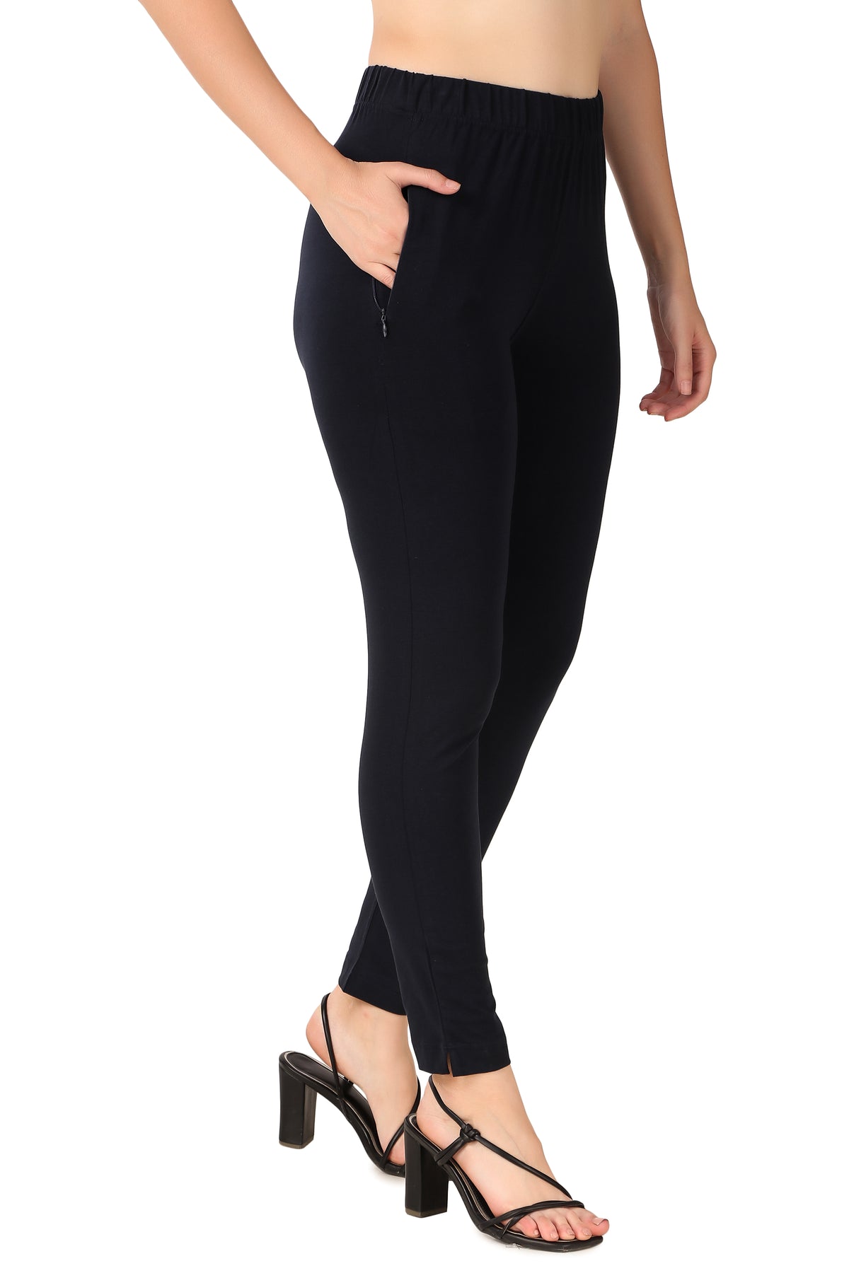Womens Cotton Mid-Rise Four-Way Stretchable Kurti Pant / Trousers - Black