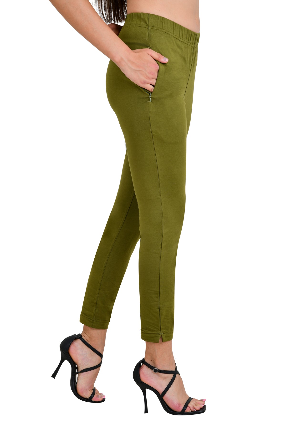 Womens Cotton Mid-Rise Four-Way Stretchable Kurti Pant / Trousers - Mehandi