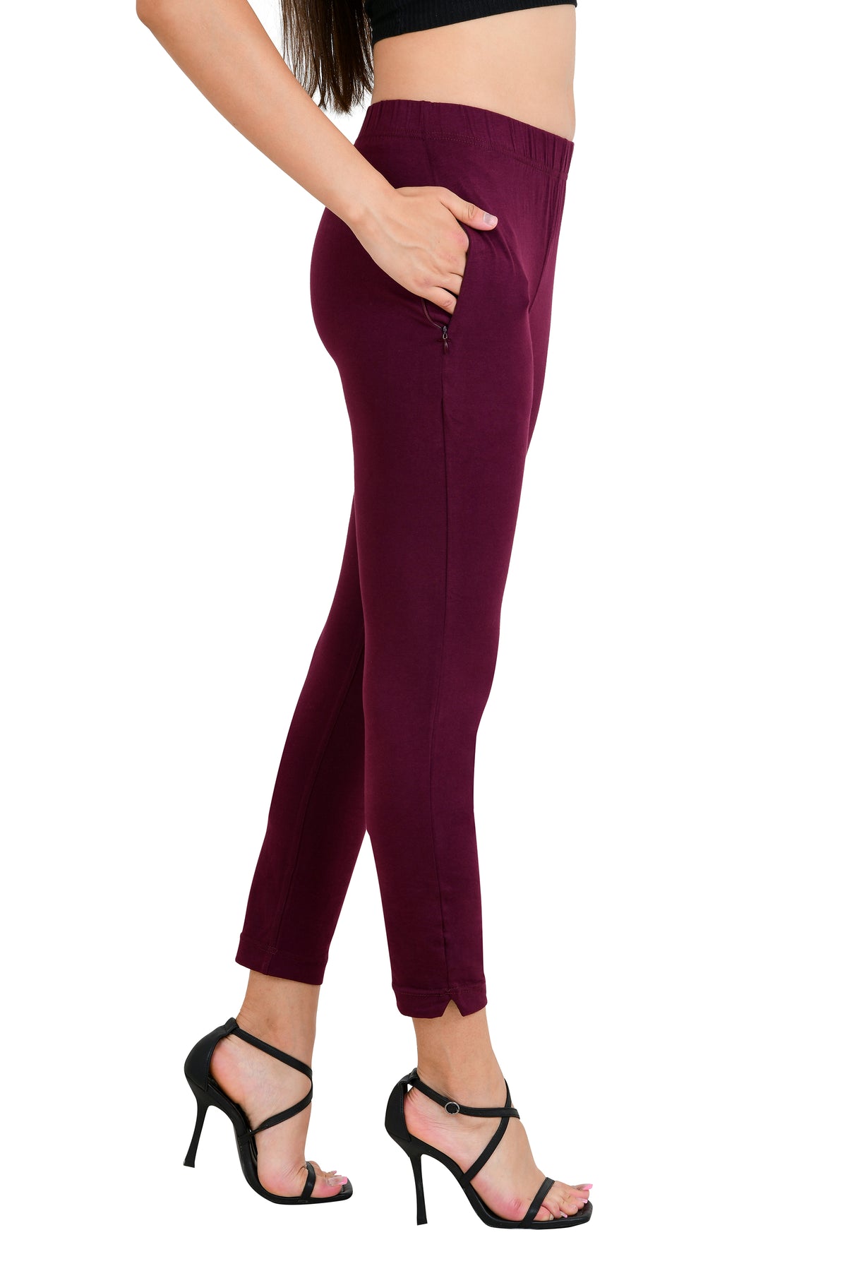 Womens Cotton Mid-Rise Four-Way Stretchable Kurti Pant / Trousers - Wine
