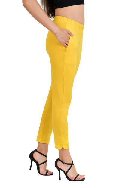 Womens Cotton Mid-Rise Four-Way Stretchable Kurti Pant / Trousers - Pale Yellow