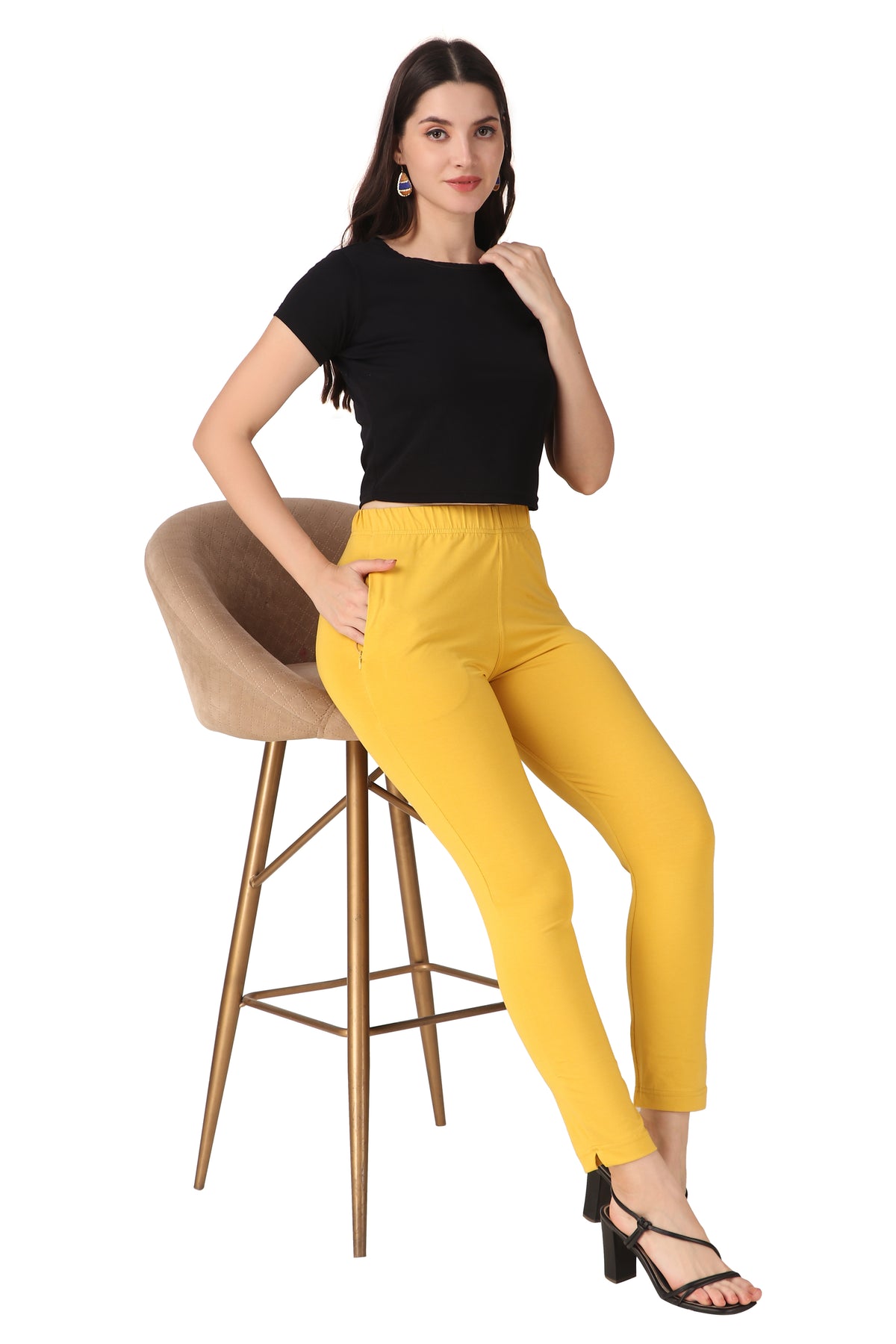 Womens Cotton Mid-Rise Four-Way Stretchable Kurti Pant / Trousers - Mustard