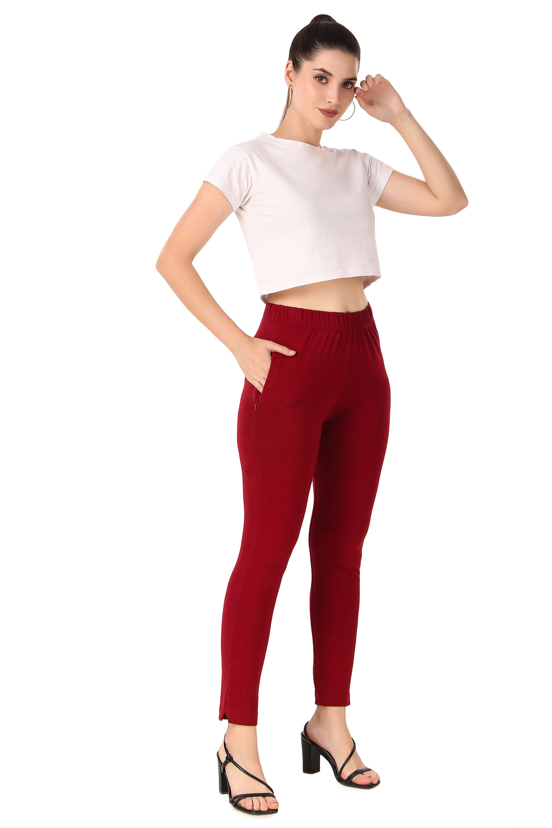 Womens Cotton Mid-Rise Four-Way Stretchable Kurti Pant / Trousers - Maroon