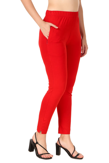Womens Cotton Mid-Rise Four-Way Stretchable Kurti Pant / Trousers - Red