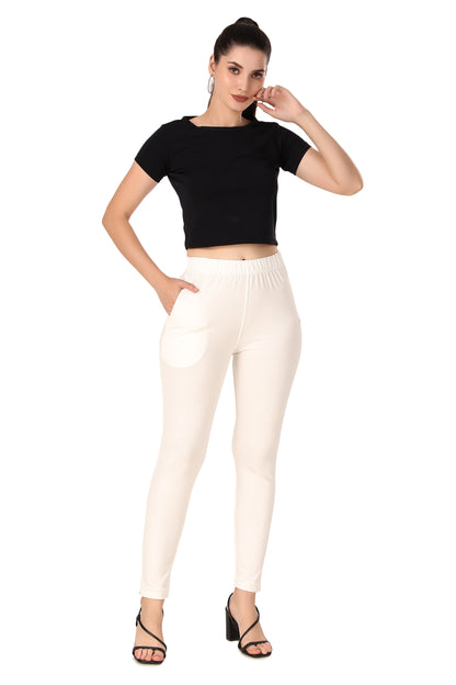 Womens Cotton Mid-Rise Four-Way Stretchable Kurti Pant / Trousers - Cream