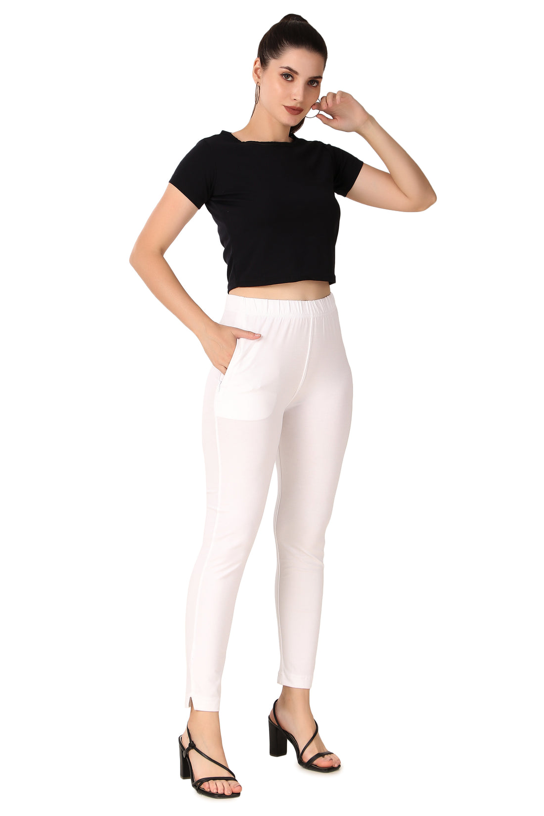Womens Cotton Mid-Rise Four-Way Stretchable Kurti Pant / Trousers - White