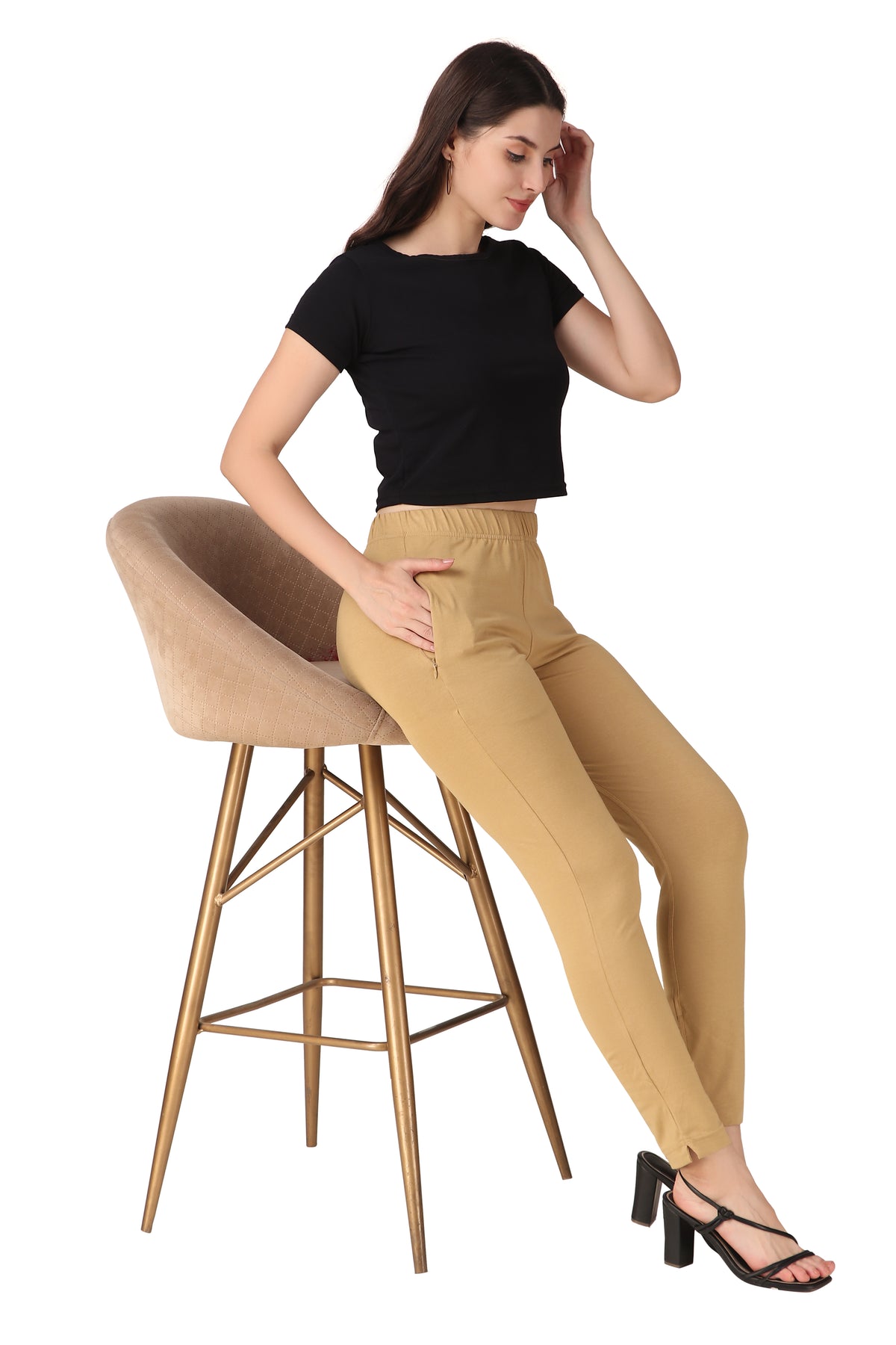 Womens Cotton Mid-Rise Four-Way Stretchable Kurti Pant / Trousers - Beige