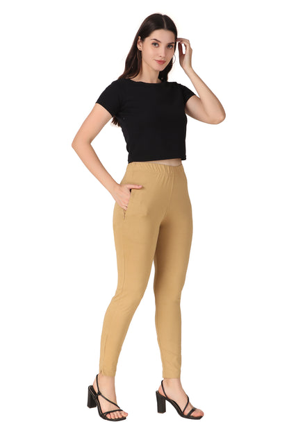 Womens Cotton Mid-Rise Four-Way Stretchable Kurti Pant / Trousers - Beige