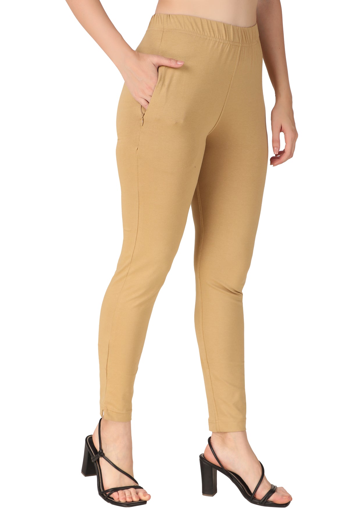 Womens Cotton Mid-Rise Four-Way Stretchable Kurti Pant / Trousers - Beige