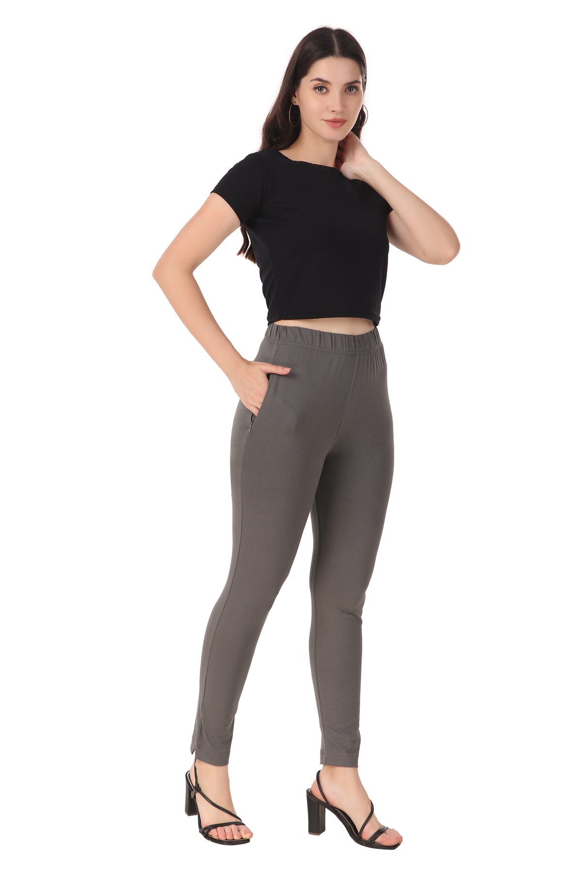 Womens Cotton Mid-Rise Four-Way Stretchable Kurti Pant / Trousers - Steel Grey