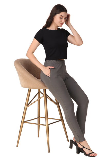 Womens Cotton Mid-Rise Four-Way Stretchable Kurti Pant / Trousers - Steel Grey