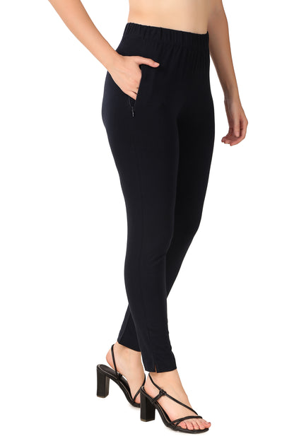 Womens Cotton Mid-Rise Four-Way Stretchable Kurti Pant / Trousers - Black